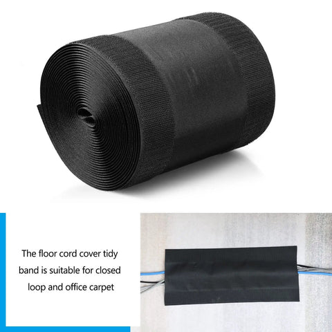 Roll of cord cover floor cable protector for carpet with hook-and-loop grip, black, 4 inches wide by 50 feet long.