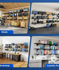 Heavy Duty Garage Wall Shelving Kit, 3-Tier 1x4ft Adjustable Floating Shelves, 600 Lb Total Capacity, various room setups.