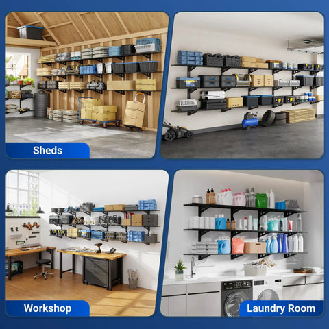 Heavy Duty Garage Wall Shelving Kit, 3-Tier 1x4ft Adjustable Floating Shelves, 600 Lb Total Capacity, various room setups.