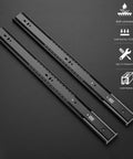 Heavy Duty Soft Close Drawer Slides Slide Like You Mean It Full Extension Cabinet Runners Matte Black steel rails close up on dark background.