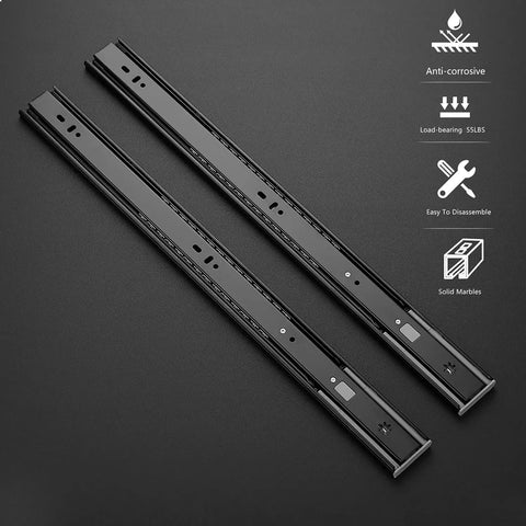 Heavy Duty Soft Close Drawer Slides Slide Like You Mean It Full Extension Cabinet Runners Matte Black steel rails close up on dark background.