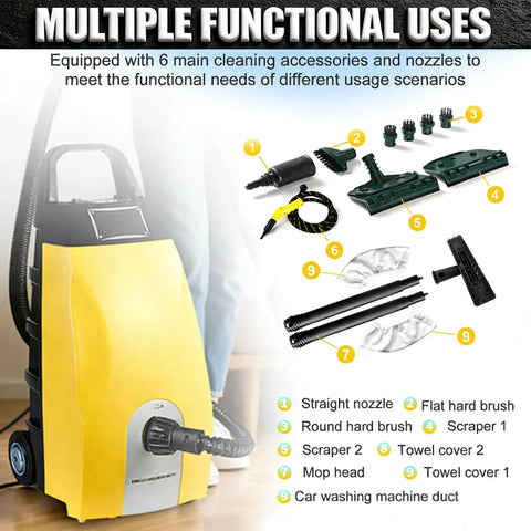 High Pressure Steam Cleaner 3000W Heavy Duty Portable Steamer With 3.5L Tank showing multiple functional accessories for versatile cleaning.