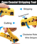 Coax Cable Crimping And Stripping Kit for RG6 RG59 RG11 with adjustable stripping blade shown cutting and stripping cable
