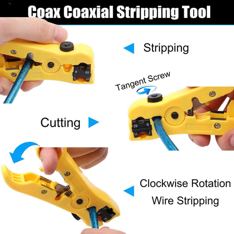 Coax Cable Crimping And Stripping Kit for RG6 RG59 RG11 with adjustable stripping blade shown cutting and stripping cable