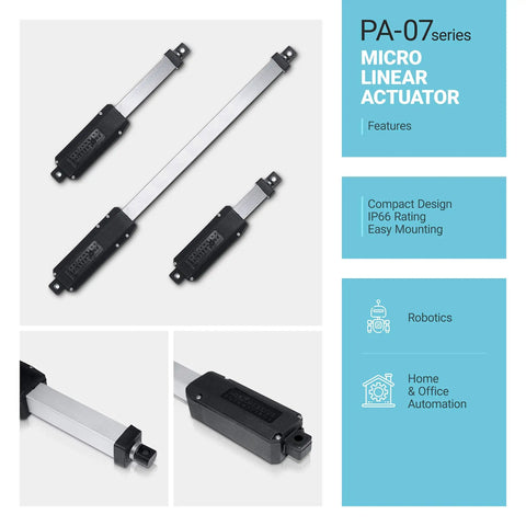 Top Notch 12V Micro Linear Electric Actuator With 12 Inch Stroke And 5 Pounds Force shown from multiple angles, showcasing compact design.