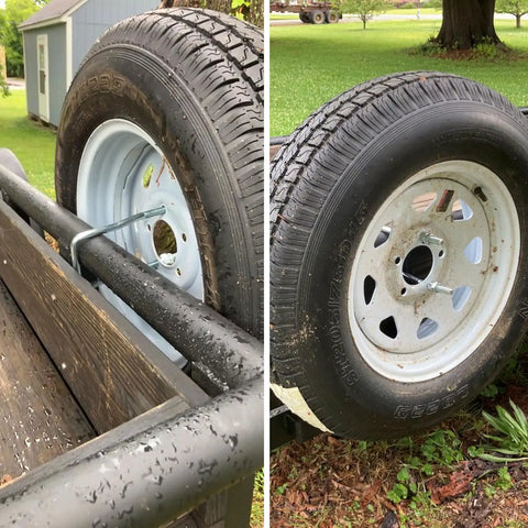 Close-up of Trailer Spare Tire Mount For Utility Trailers And Boats U Bolt Carrier Holder Side Mount with tires.