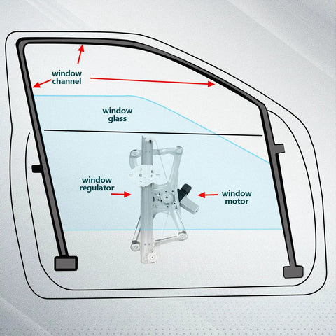 Power Window Regulator Replacement For 2006-2011 Honda Civic OE 748-476 72250SNAA03 Drop In DIY Friendly Install Front Driver Or Passenger Side Durable Auto Window Regulator shown with window glass, channel, and motor