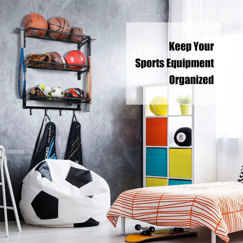 Three Tier Wall Mounted Gear Organizer With Ball Rack Bat And Racket Holders And Four Helmet And Accessory Hooks Heavy Duty Garage Storage In Glossy Black