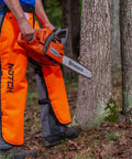 Person wearing Hi Vis Safety Orange Apron Style Chainsaw Chaps Type A Frontal Protection 5 Layer Chain Stopping Fiber