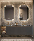 80 Inch Double Sink Bathroom Vanity Featuring Two Smart Mirrors Plus A Luxurious Stone Top sleek modern profile against a stylish wall.