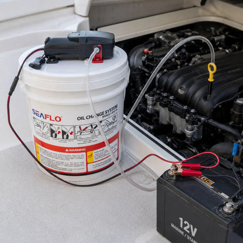 12V Portable Oil Change System For Boats And RVs, High Flow Oil Evacuator Pump With 1.5 GPM, connected to boat engine,
