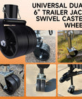 XIANGZI dual 6-inch trailer jack wheel set with swivel caster; front, side, and installed views