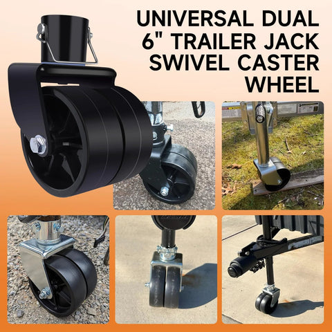 XIANGZI dual 6-inch trailer jack wheel set with swivel caster; front, side, and installed views