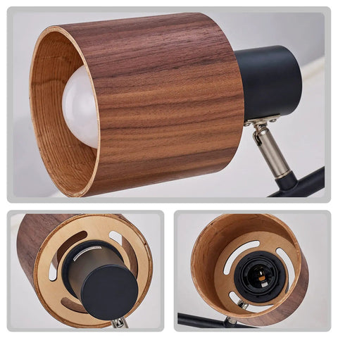 Close-up view of the natural wood finish spotlights of the 4 Light Track Lighting Kit 36 Inch Black Ceiling Mount With Natural Wood Finish Directional Spots For Living Room Kitchen And Utility Room Modern Mid Century Style Vibe.