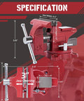 Heavy Duty Bench Vise Featuring A 4.5 Inch Jaw Width And 3 Inch Opening, Rock Solid 240 Swivel Base, Robust Chassis Design For Ultimate Garage Grip And Pipe Work specifications with jaw width and opening measurements.
