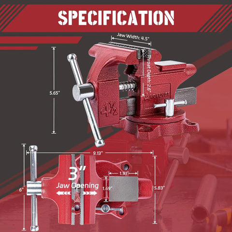 Heavy Duty Bench Vise Featuring A 4.5 Inch Jaw Width And 3 Inch Opening, Rock Solid 240 Swivel Base, Robust Chassis Design For Ultimate Garage Grip And Pipe Work specifications with jaw width and opening measurements.