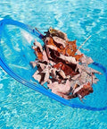 Heavy Duty Pool Skimmer Net For Leaves And Debris Fine Mesh Frame Net Pro Grade Pool Leaf Rake collecting leaves in blue pool water