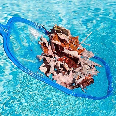 Heavy Duty Pool Skimmer Net For Leaves And Debris Fine Mesh Frame Net Pro Grade Pool Leaf Rake collecting leaves in blue pool water