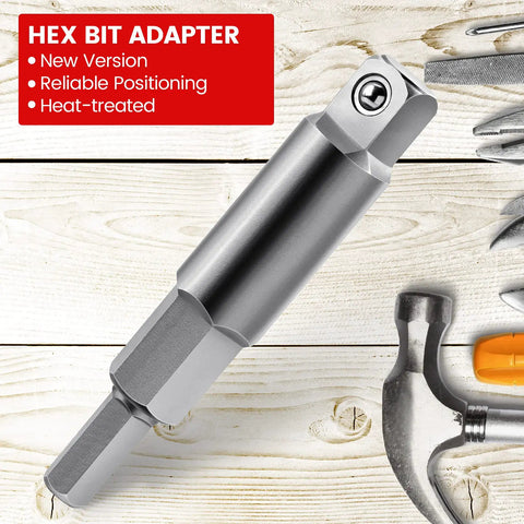 2 Pack 3 16th To 5 16th Hex Key Adapter Kit For Ratchet Wrenches, silver hex bit adapter on wooden surface with tools visible
