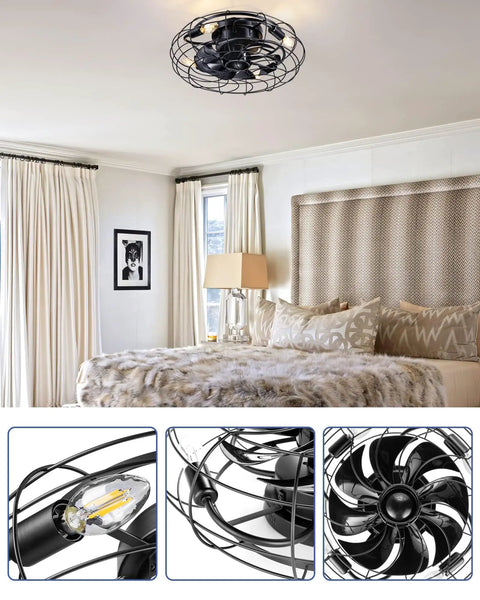 Bedroom with 18-Inch Caged Flush Mount Ceiling Fan With Lights And Remote, cool low-profile black rustic farmhouse modern design