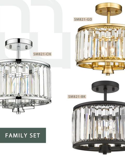 Semi Flush Mount Ceiling Light Fixture With 11 Inch Crystal Beads, 3 Light Modern Lamps In Matte Black Finish For Bathroom, Dining Room, Hallway And Bedroom, Glam Crystal Chandelier Style Home Lighting