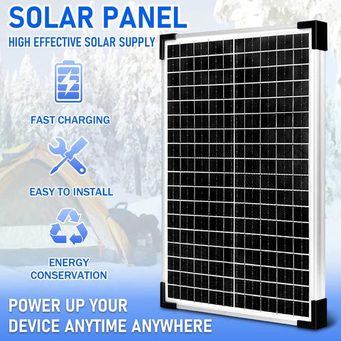 30W 12V Monocrystalline Solar Panel Kit With 10A Charge Controller And Battery Maintainer, image of solar panel and features