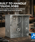 Four Pack 4 Inch Square Electrical Box With 1/2 And 3/4 Inch Knockouts, 2 1/8 Inch Deep Galvanized Steel Junction Box, UL Listed For Lighting Fixtures, Switches, And Receptacles. Galvanized steel electrical junction box shown in workshop.