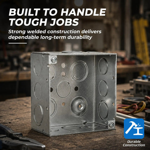 Four Pack 4 Inch Square Electrical Box With 1/2 And 3/4 Inch Knockouts, 2 1/8 Inch Deep Galvanized Steel Junction Box, UL Listed For Lighting Fixtures, Switches, And Receptacles. Galvanized steel electrical junction box shown in workshop.