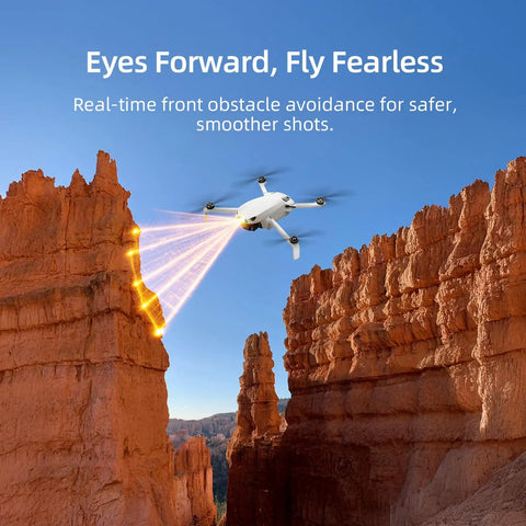 Top Of The Line Mini Drone With Camera Cranking 4K 60fps Smooth Videos And 8K Ultra-Clear Photos flying above rocky canyon.