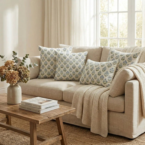 4 Pack 18x18 Inch Blue Green Block Print Pillow Covers Double Sided Vintage Spring Floral Boho Linen Pillowcases on beige sofa