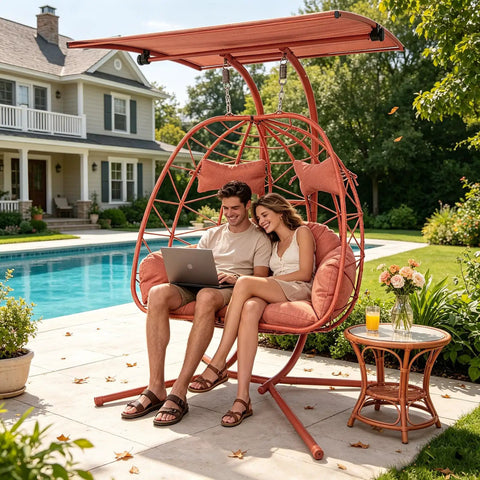 Double Egg Chair With Stand And Adjustable Canopy for Indoor Outdoor Use with orange red cushions by poolside