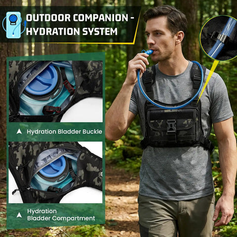 Man wearing Hydration Vest With 2L Water Bladder, Adjustable Straps, Chest Pack For Running And Hiking, using quick access tube.