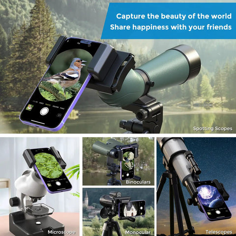 360 Degree Telescope Phone Adapter For Android And iPhone with Bluetooth shutter on spotting scope capturing nature scene