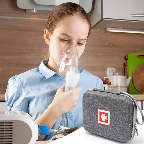 Child using nebulizer next to a Travel Ready Hard Shell Medical Case For Portable Nebulizer And Inhaler Accessories.