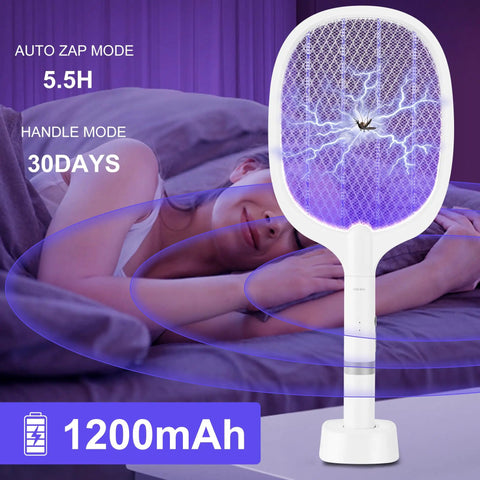 Reusable Electric Fly Swatter Racket Featuring 4000V Bug Zapper With Rechargeable Battery And Dual Mode Design For Killing Mosquitoes And Pests In Your Home near a sleeping woman.