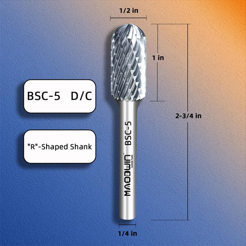 MAODWIN BSC-5 D/C tungsten carbide burr; 1/4 in shank, 1/2 in cutting diameter, front view