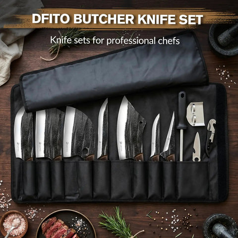 All-In-One 14-Piece Butcher Knife Set With Roll Bag For Home Kitchen, Camping And BBQ displayed in roll bag