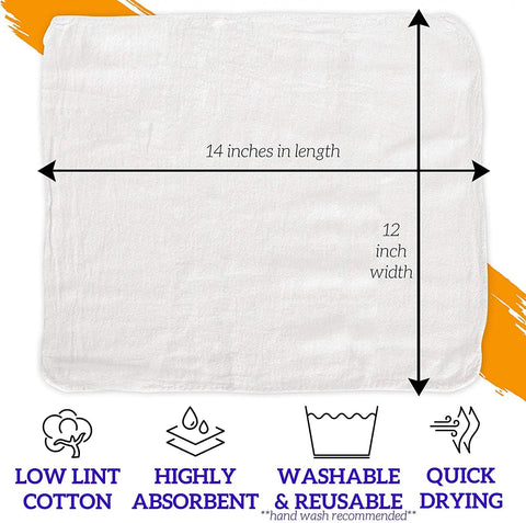 Heavy Duty Cotton Shop Towels 12x14 Inches 50 Pack Bulk Rags For Garage Automotive Industrial And Home Cleaning Reusable Absorbent Terry Cloth Towels Built For Tough Jobs with dimensions and features displayed