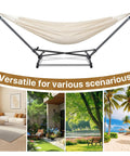 Portable Hammock With Folding Stand Heavy Duty Steel Frame For Indoor And Outdoor Use Three Height Settings 550 Lbs Weight Capacity Includes Carrying Bag Off White Rust Resistant Easy Setup For Backyard Lounging shown in various locations.