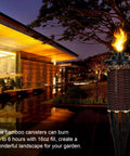 16oz Replacement Torch Canisters Pack Of 4 For Bamboo Lantern Outdoor Torches illuminating a modern backyard with garden lighting.