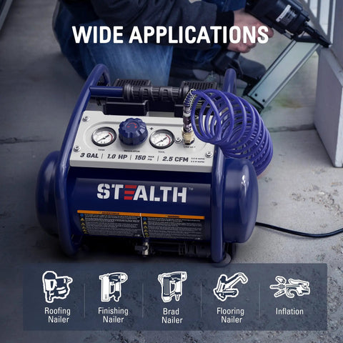 Stealth 3 Gallon Quiet Air Compressor Oil Free Portable Unit With High Pressure Output For Tire Inflation Auto Repair Woodwork Nailing And Home Tool Applications Made To Handle Tough Jobs Silently And Efficiently