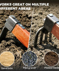 Close-up of Heavy Duty Garden Tool Set 2 Piece Cultivator Kit With Carbon Steel Hoe And Rake, 15.2 Inch Wooden Handles in soil.