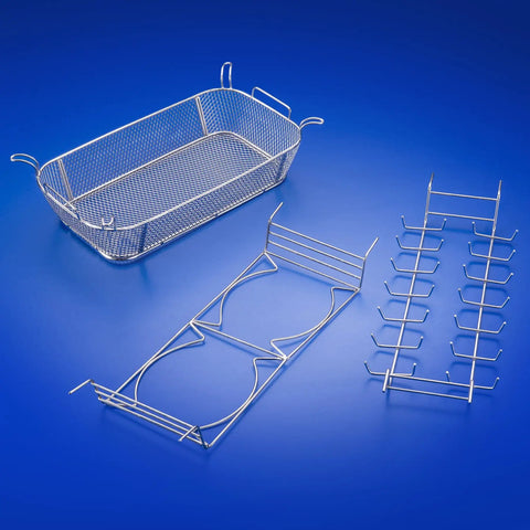 Commercial Ultrasonic Cleaner Platinum Edition stainless steel wire rack and basket for cleaning parts in 2.2 liter bath.