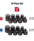 Low Profile Impact Hex Driver Set Three Eighths Inch Drive Sixteen Piece Dual Size Markings From One Quarter Inch To Three Quarters Inch SAE And Metric Chrome Moly Steel Solid One Piece Construction Fits Tight Spaces Heavy Duty Case ANSI Compliant