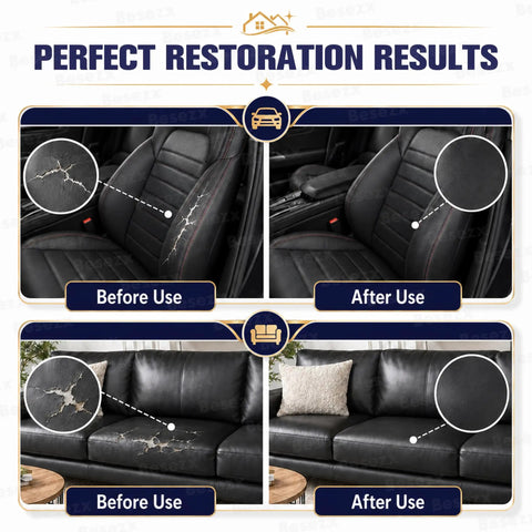 Before and after of car seat and couch using Self Adhesive Leather Repair Patch Tape Kit For Furniture And Car Interiors DIY Friendly.