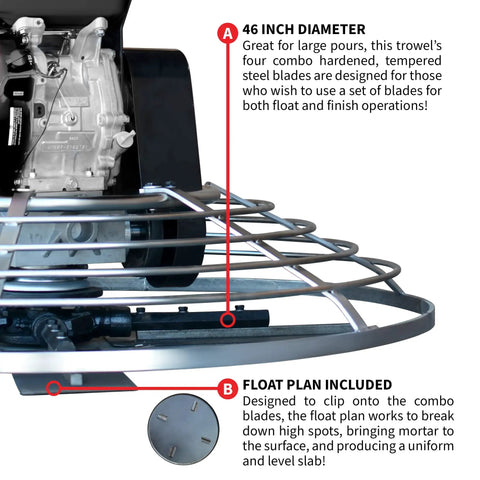 46-Inch Gas Concrete Wet Power Trowel With Kohler 14HP CH440 Engine, Includes Blades And Float Pan, Adjustable Blade Pitch 0-28 Degrees, Close-Wall Edge Work With Independent Flywheels, 3-Year Warranty, A Real Workhorse. 46-inch trowel with float pan and blades