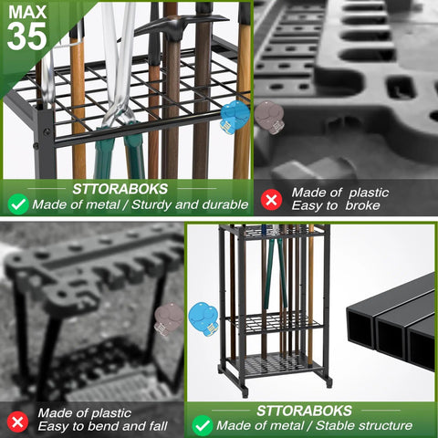 Heavy Duty Steel Garden Tool Organizer Rack for Garage and Shed with 35 Tool Slots, black metal rack with rakes and brooms
