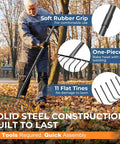 Heavy Duty 16 Inch Metal Garden Rake With 56 Inch Handle And 11 Steel Tines For Thatch Removal And Tough Yard Debris Cleanup Leaves Pine Needles Moss Mulch Yard Work displayed in a yard setting with features highlighted