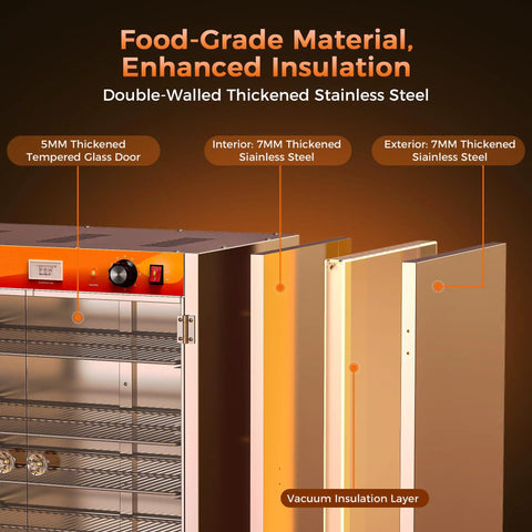 Top Shelf Heavy Duty Commercial Food Warmer Cabinet Featuring Spacious 133 Quart Five Tier Layout With Lightning Fast Nine Hundred Watt Rapid Heater, double-walled thickened stainless steel.