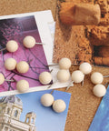 Top Shelf Wooden Push Pins, 120 Pack Of Straightforward Thumb Tacks For Corkboards And Bulletin Boards, crafted with rock solid wood caps on corkboard with photos.